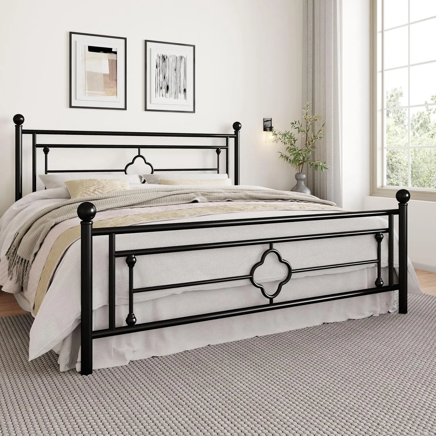 14 Inch King Metal Platform Bed Frame with Vintage Iron Headboard & Footboard, No Box Spring Storage Foundation, Customized