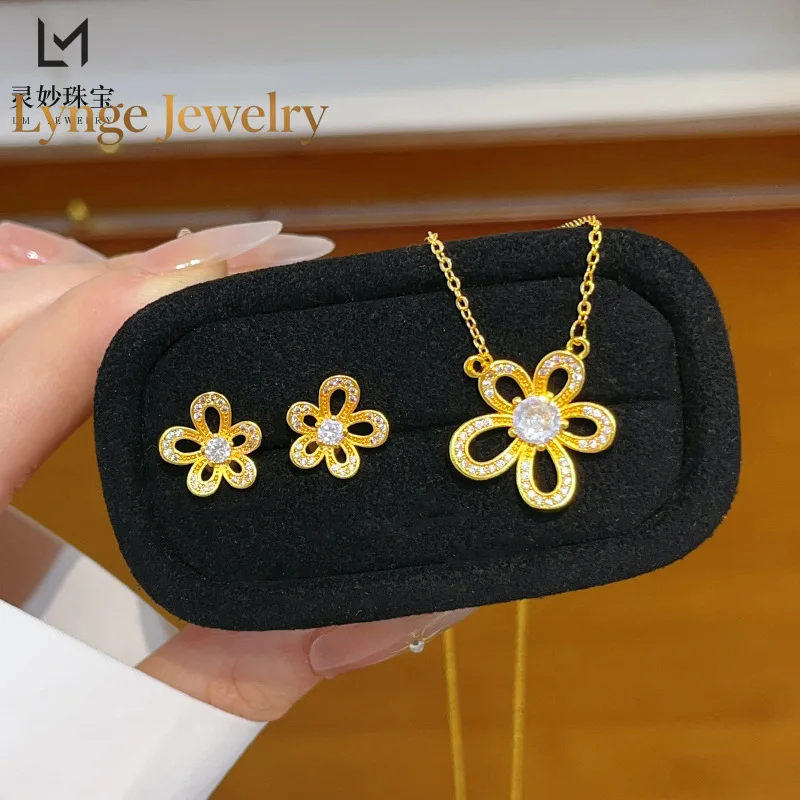 

Lynge Jewelry 9999 point diamond gesang flower necklace 24K real gold earrings hollow flower collarbone chain versatile gift for