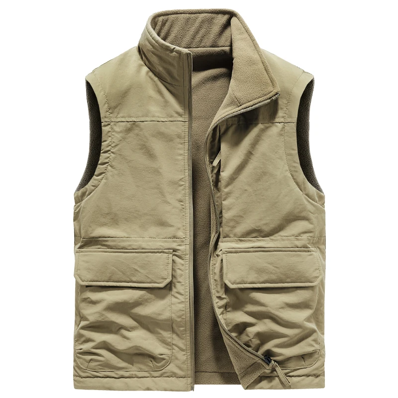 Mens Double-sided Camping Vests Warm Fleece Multi-pocket Utility Casual Tactical Outerwear Outdoor Hiking Cargo Cotton Vests