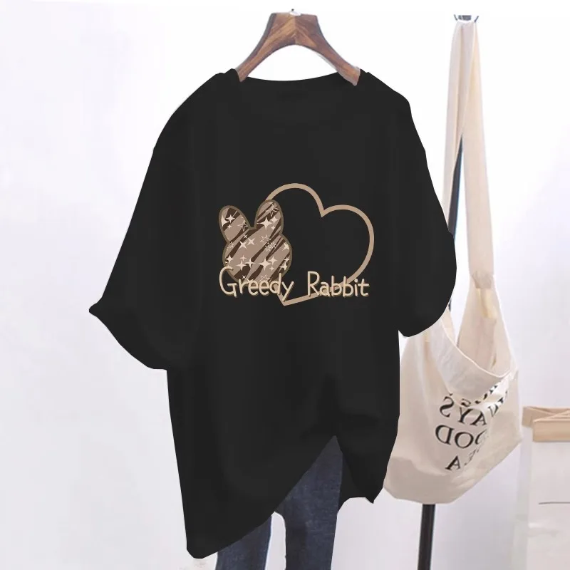 Summer 100% Cotton T Shirt Heart Shape Printed T-shirt Graphic Women Clothing Oversized Top High Quality Clothes