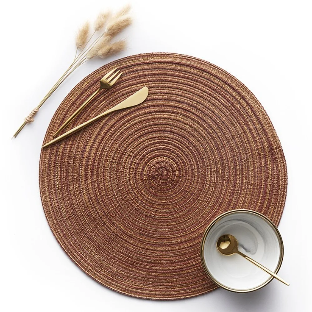 5pcs-38cm Woven Ramie Placemats Round Table Mats Anti Slip Dining Table Mats Individual Plate Pads Kitchen Drink Cup Coasters