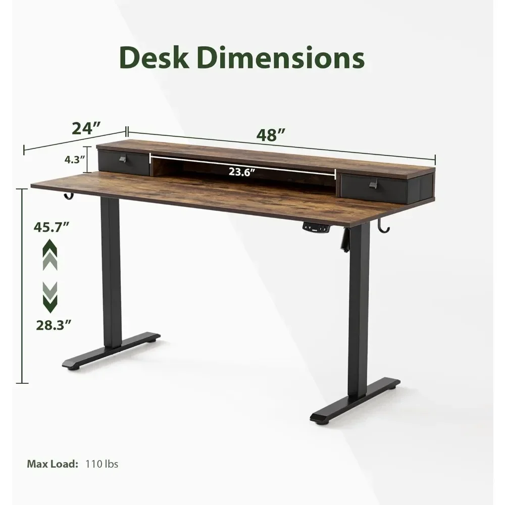 Mesa de pé elétrica ajustável em altura de polegadas com 2 gavetas, altura ajustável da mesa elétrica de pé,