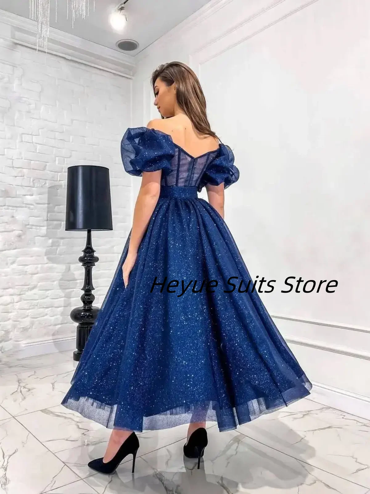 Customized Shiny Off Shoulder Prom Dresses Quinceanera Ankle Length Sweetheart Evening Puff Sleeve Backless Gowns tidos de novia