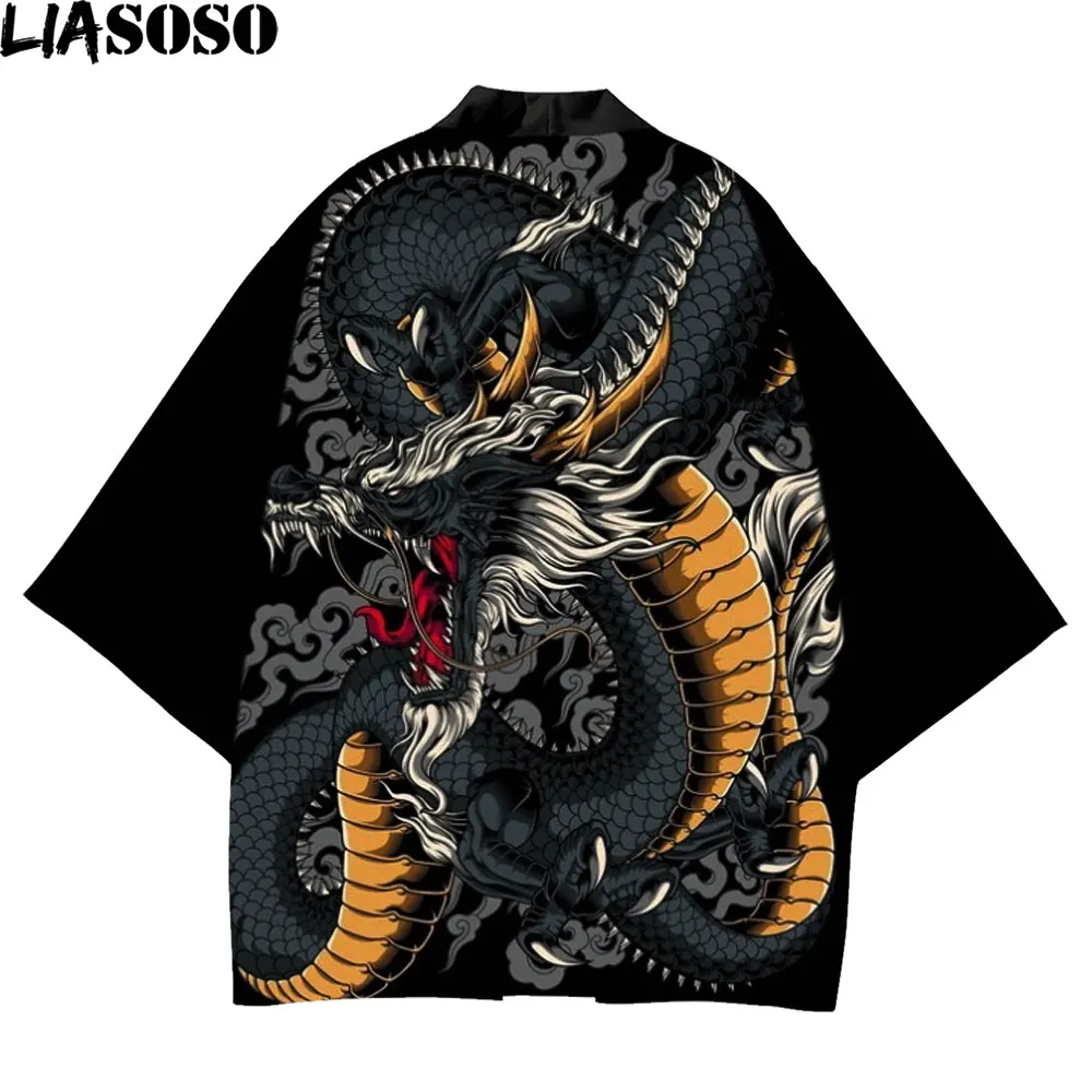 LIASOSO Black Kimono Dragon Asian Traditional Feather Top Taihei Yukata Anime Ukiyo-e Dress Homme Cardigan Cosplay Kimonos