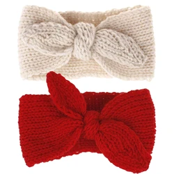 2Pcs/Set Baby Girl Solid Color Cute Headband - Warm Bunny Bow, Autumn and Winter Knitted Hair Band for Newborn Hair Accessories