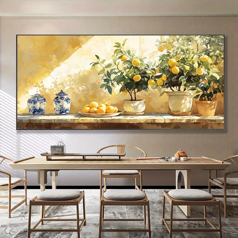 Large Frameless Canvas Wall Art,Modern Abstract Farmhouse Lemon Vase Canvas,Frameless Vibrant Yellow and Blue Still Life Wall,Li