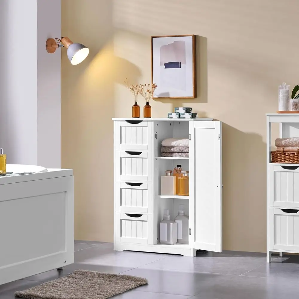 Wooden loor Cabinet, Side Storage Organizer with 4 Ders and 1 Cupboard, reestanding Entryway Storage Unit ole Table, Bathroom ur