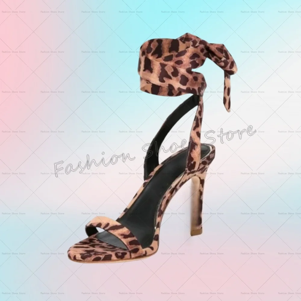 Sandalias de punta abierta con cordones de leopardo, Zapatos de punta redonda Para Mujer, tacones altos, fiesta, banquete, citas, 2025 Zapatos Para Mujer