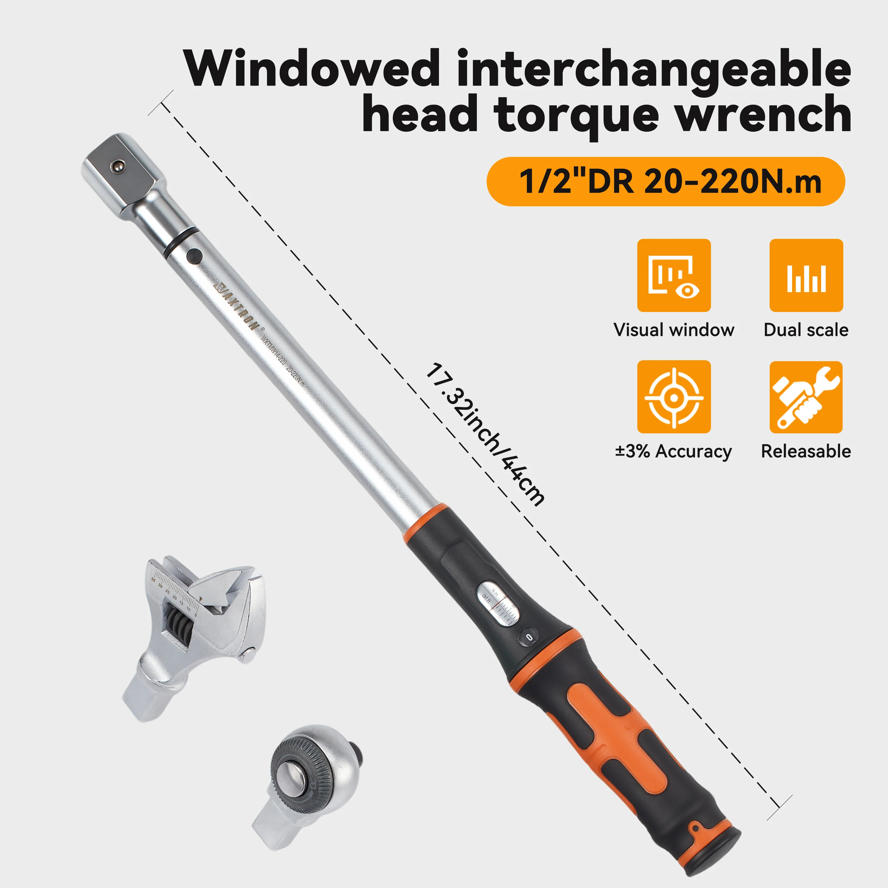 

Waxtron Interchangeable Head Torque Wrench 20-220N.m 1/2'' Preset Torque Wrench With Window Adjustable Torque Spanner Hand Tools