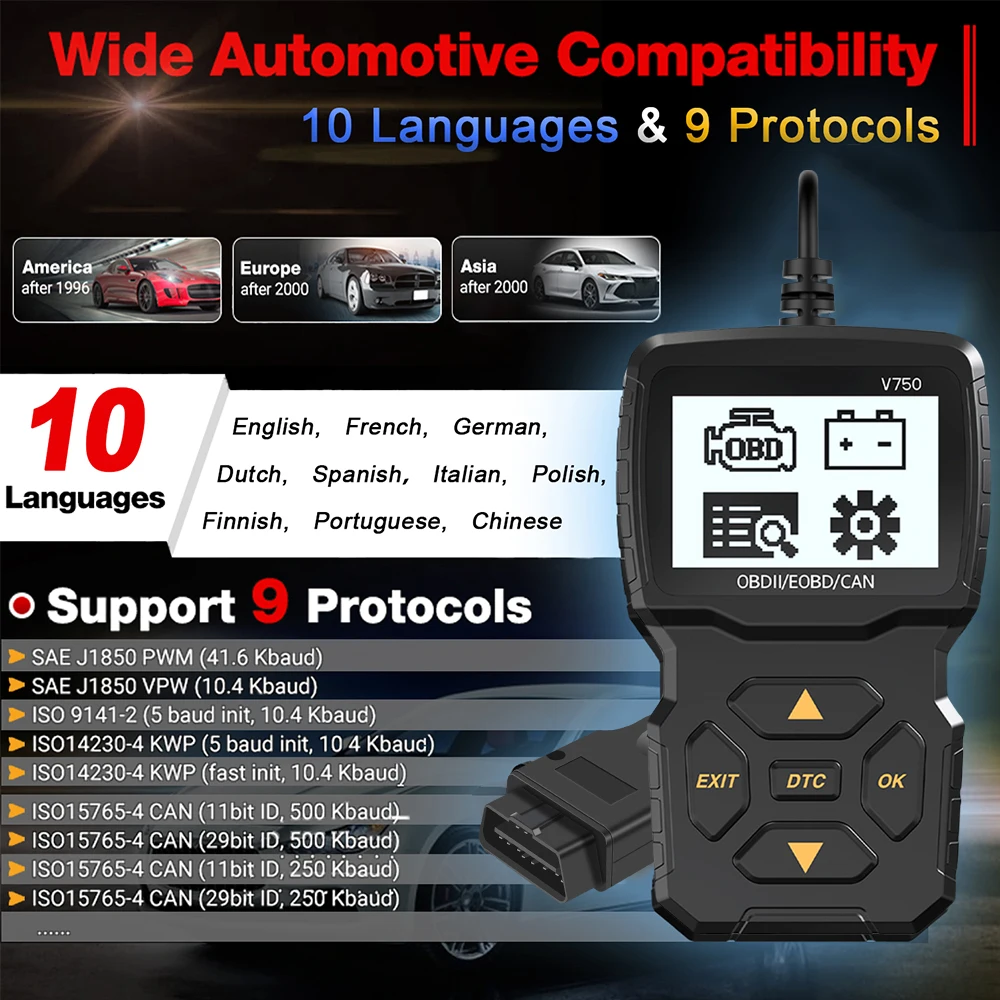 Picture 4: Car Diagnostic Tool Read Vehicle Information Check Engine System Code Reader Multi-language OBD2 Scanner V750 Battery Tester
