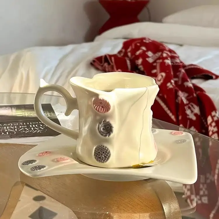 Export Foreign Trade Handmade Art Button Design Warm Ceramic Internet celebrity Coffee Cup Plate Plate