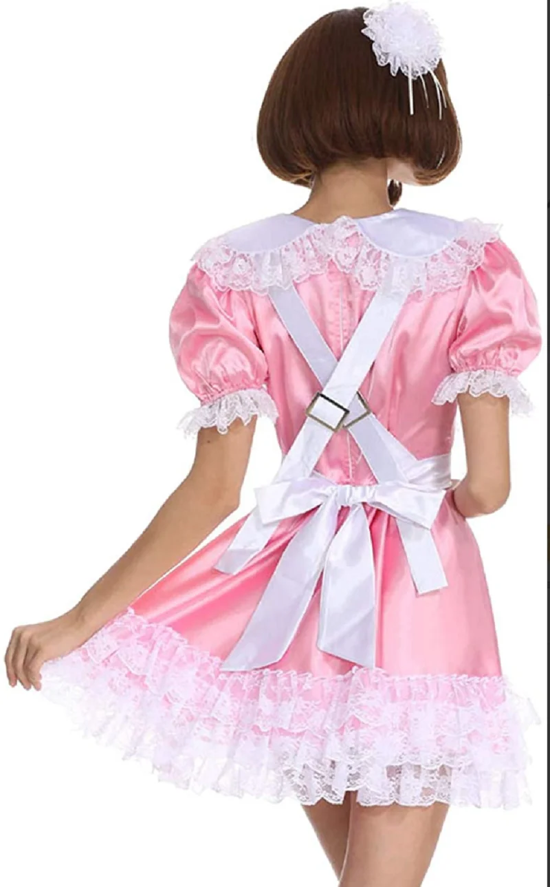 Hot Selling New Lockable Sissy Girl Maid Pink Satin Apron Cross Back Fluffy Clothing Fake Role Play Customizable