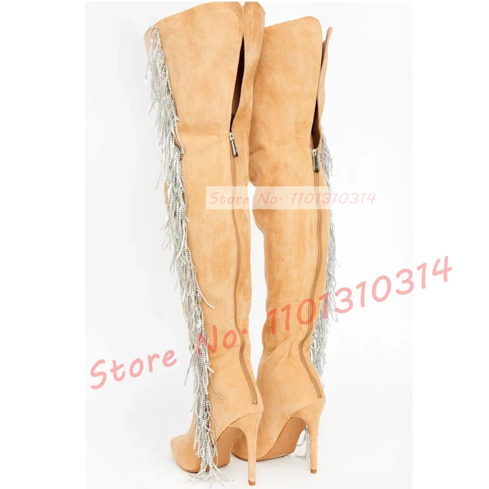 

Замшевые длинные сапоги с кристаллами и кисточками, женские привлекательные сапоги с острым носком на высоком каблуке-шпильке, Женская Повседневная Современная обувь до бедра на шпильке