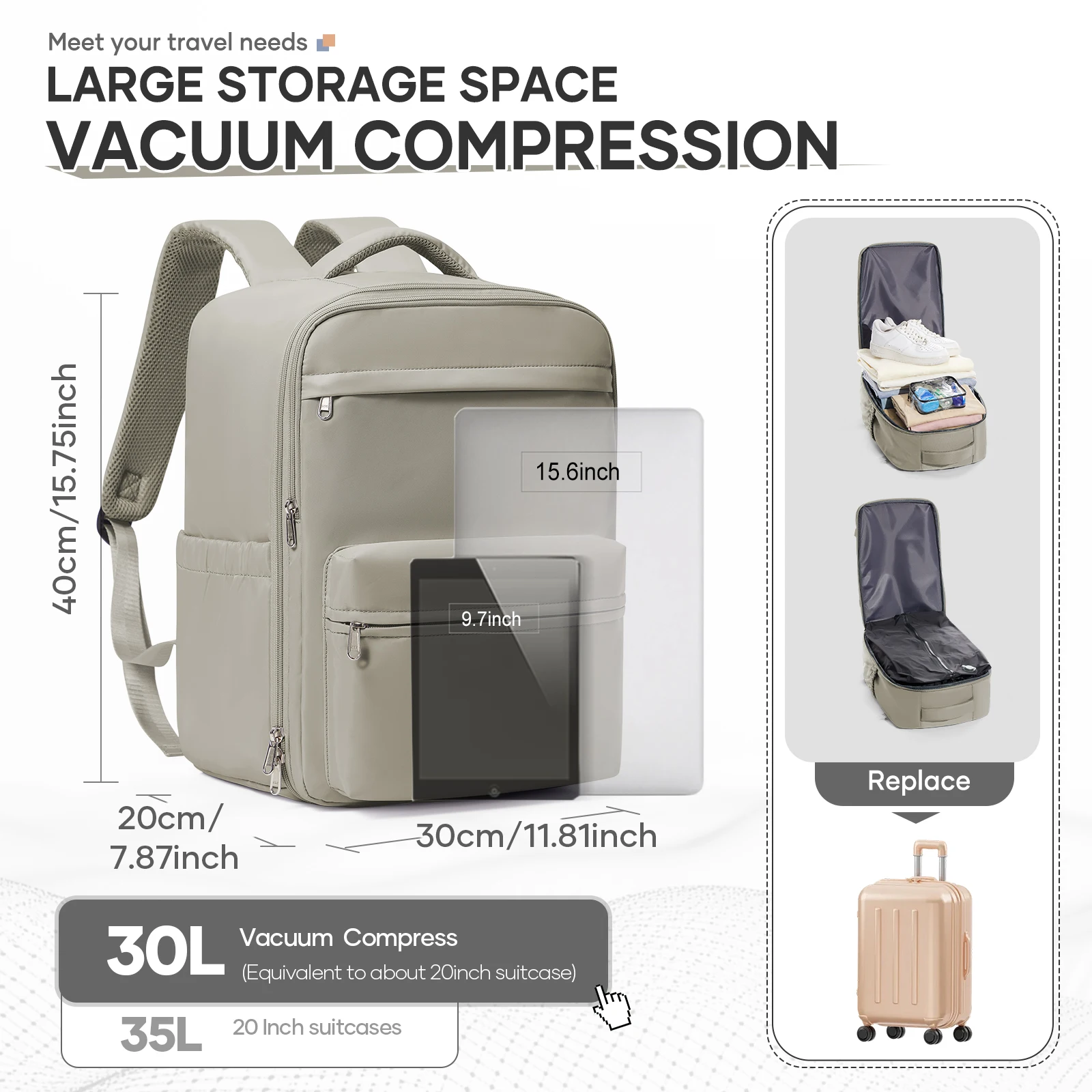 حقيبة Ryanair Cabin مقاس 40*30*20، حقيبة ظهر للسفر مضغوطة بالفراغ |   سعة كبيرة، حقيبة ظهر للجنسين، رحلات العمل والمشي لمسافات طويلة