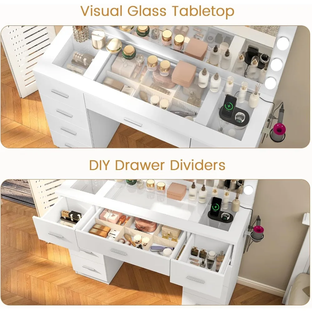 Meja Rias dengan Cermin Berlampu Besar dan Stopkontak, Meja Rias 46" dengan 9 Laci dan Desktop Kaca, Meja Rias