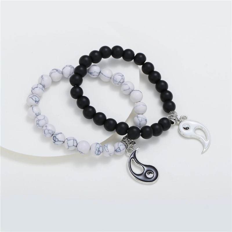 Fashion Men Women Taiji Yin Yang Feng Shui Charm Bracelet Natural White Turquoise and Black Beaded Couple Bracelets Dropship