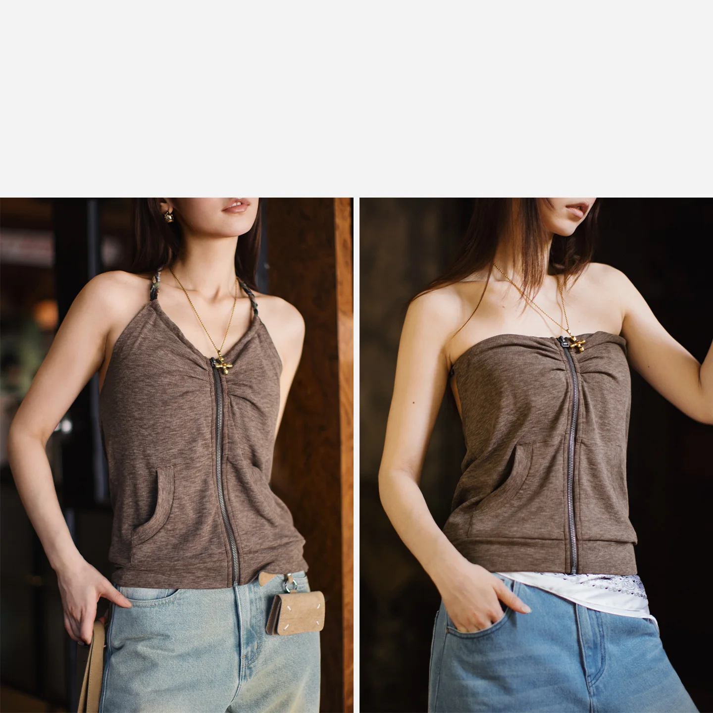 Maden Women's American Retro Y2K Halter Dual Wear Zipper Tank Top V Neck Lyocell Silk Sleeveless Soft Skin-friendly Ladies Top