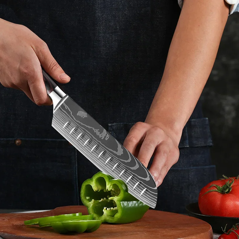 Carbon Steel Santoku Kitchen Knife for Home Restaurant Razor Sharp Japanese Chef Ergonomic Handle Laser Damascus Boning Knife image 4