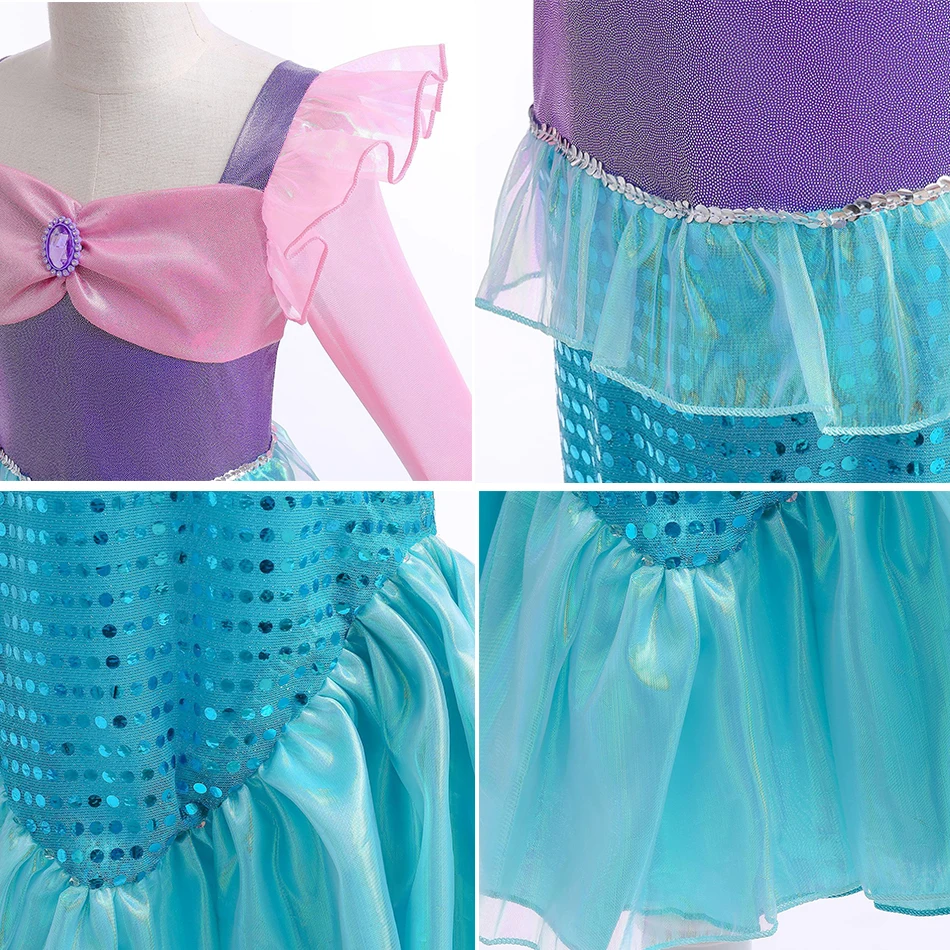 Mangas compridas vestido de sereia para meninas luxo rosa ariel roupas babados lantejoulas princesa traje carnaval halloween vestir-se conjuntos