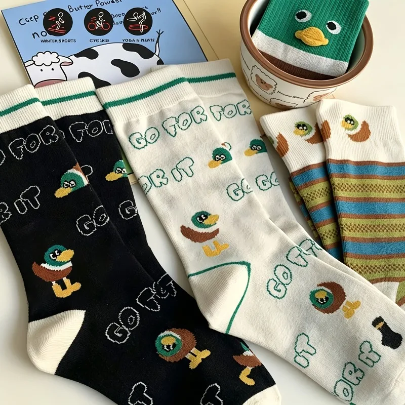4-Pair Women's & Unisex Vintage Animal Print Mid-Calf Socks - Cute,Suitable for Daily Wear-Colorful Cartoon Ribbed Calf for And