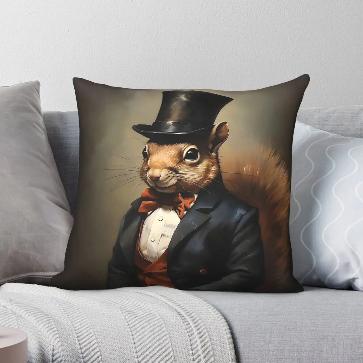Squirrel Portrait Dapper Pillowcase Polyester Linen Velvet Printed Zip Decorative Pillow Case Sofa Cushion Cover