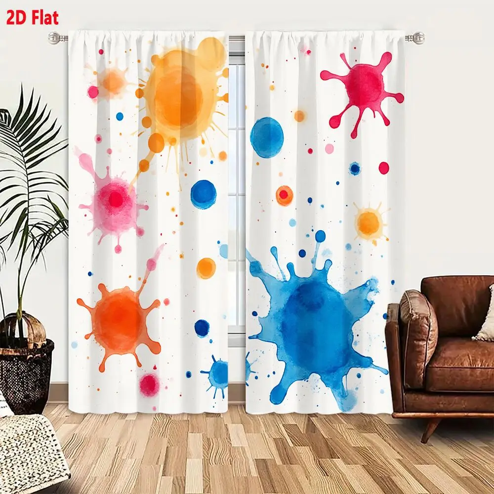 2Pcs Curtains 2D Flat Artistic Whimsical Watercolor Splatters Blobs On White Background With Orange Pink Blue Red Colorful Splas