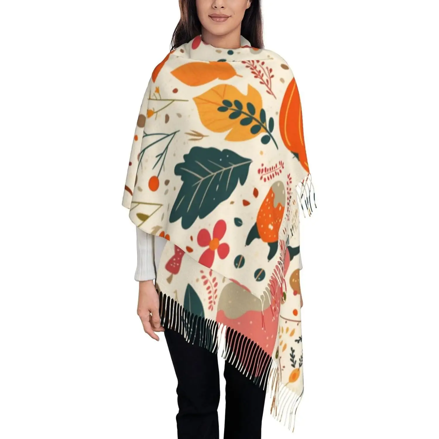 

Мягкий шарф на День Благодарения, женские теплые шали с тыквой, оранжевые осенние листья, осенний шарф с кисточками, подарки, повседневные путешествия, офис