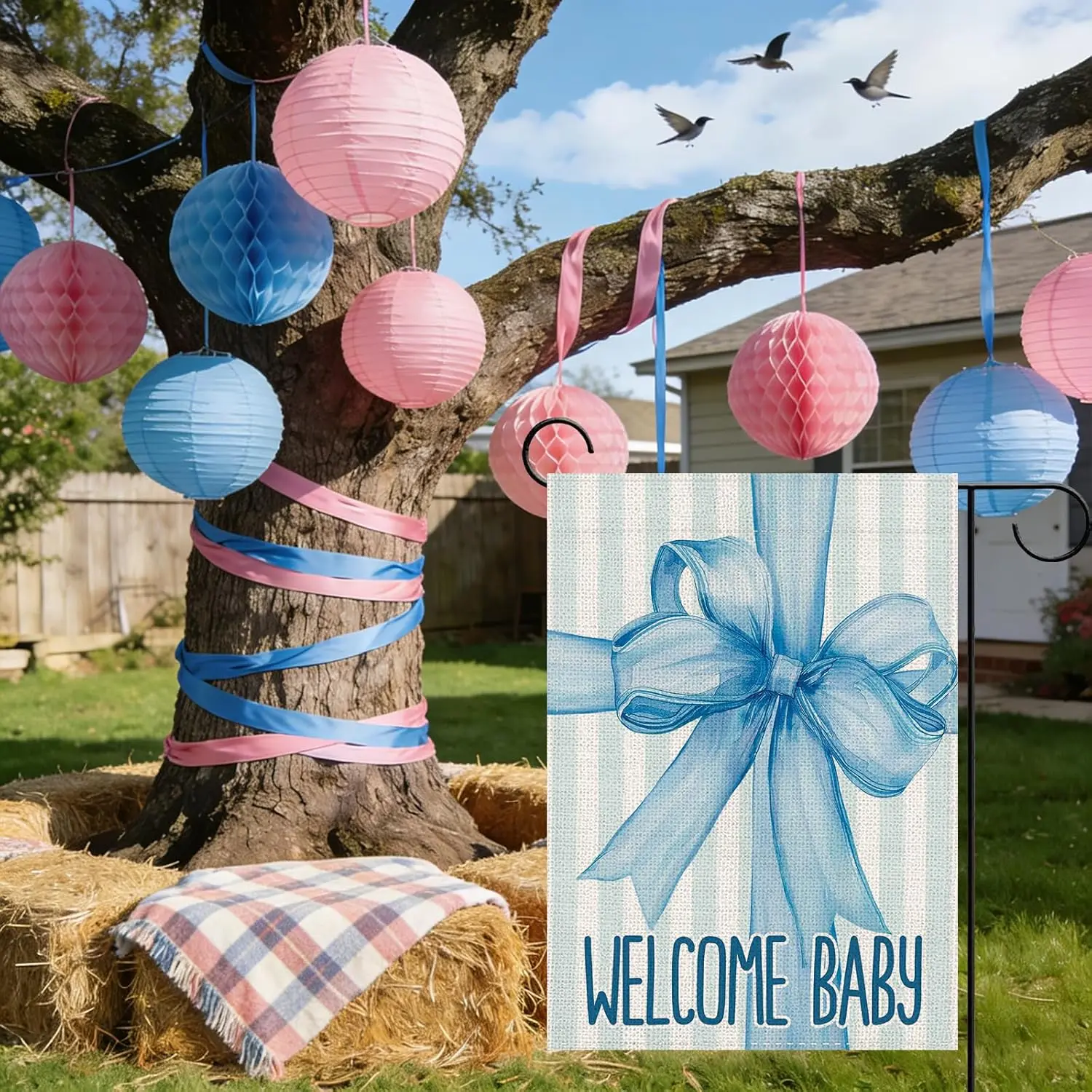 Baby Shower Blue Bow Decorative Garden Flag, Welcome Baby Newborn Small Yard Outside Decorations Gifts for New Dad Mom, Gend IIC