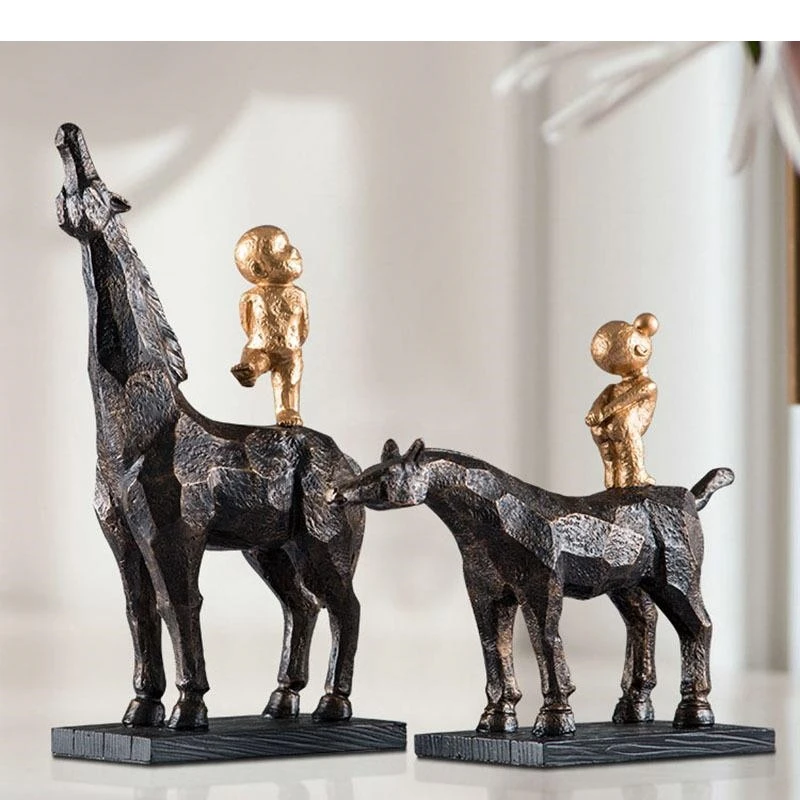 Cute Boy Rider Black Horse Ornaments Desktop Decor Abstract Artwork Resin Crafts Sculpture Living Room Decoration Furnishings