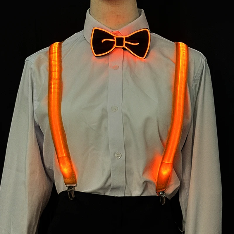 Light Up Men's Suspenders and Bow Tie 2pcs Combo luminous Suspenders Perfect Flashing tie for DJ nightclub bar Dance props