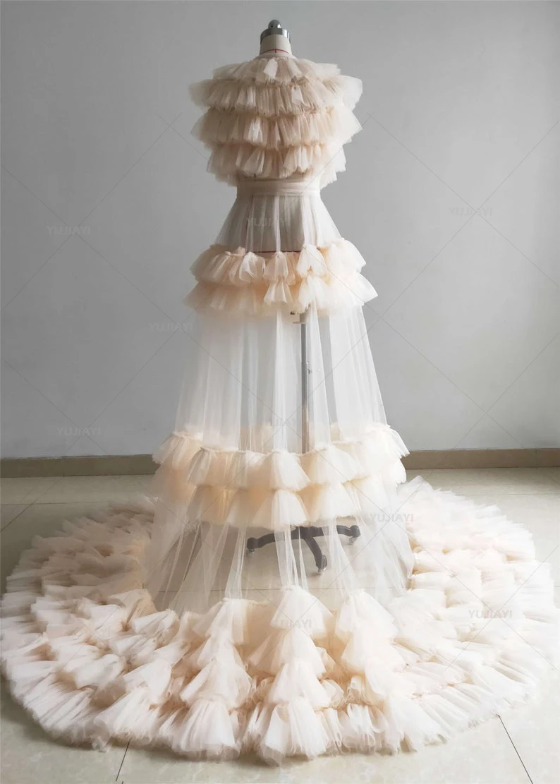 Robe de mariée en tulle pour femme, vêtements de nuit moelleux, robe de patients, boudoir, vêtements de détente, chemise de nuit, robe pour séance photo, châle transparent, ALTERfur s