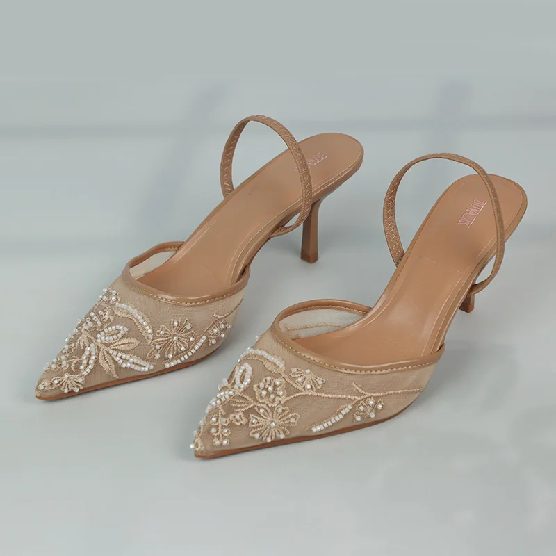 

Brand High Heels Women Dress Wedding Shoes Mesh Embroidered Flower Elegant Stilettos Designer Summer Party Sandals for Ladies