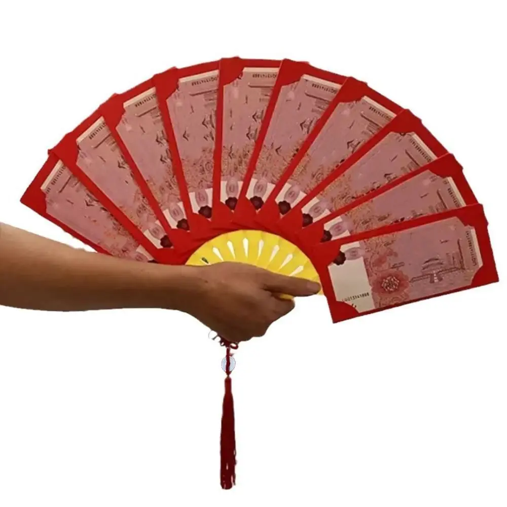 6/10 فتحات على شكل مروحة مغلف أحمر شرابة أطيب التمنيات شكل مروحة هونغباو النمط الصيني حسن الحظ السنة الجديدة جيب المال السنة الجديدة