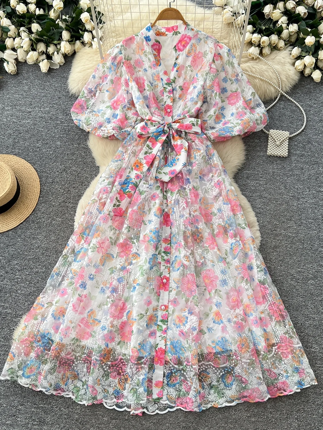 Elegant High Waist A-Line Dress with Embroidery Netting Skirt for Women Commute Suitable Vintage Court Style Long Dress