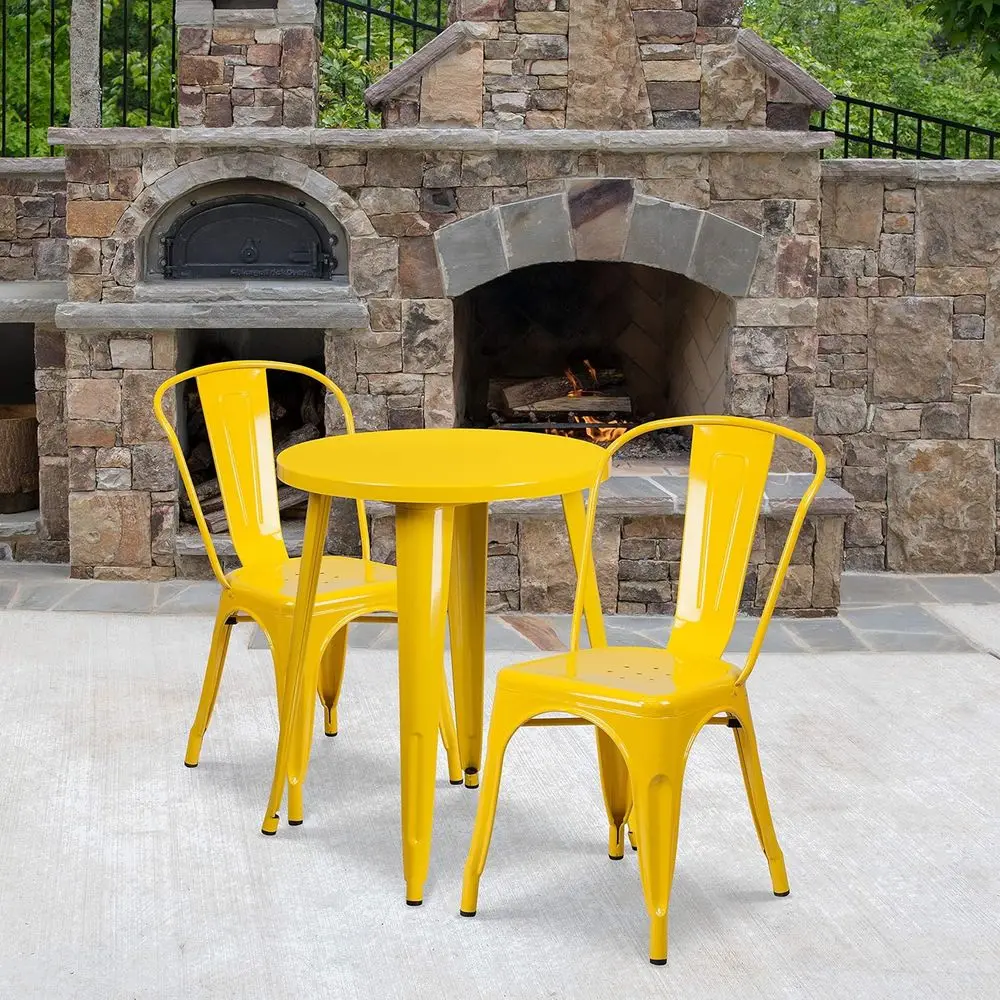 

24 Round Yellow Metal Table Set with 2 Chairs for Indoor and Outdoor Use