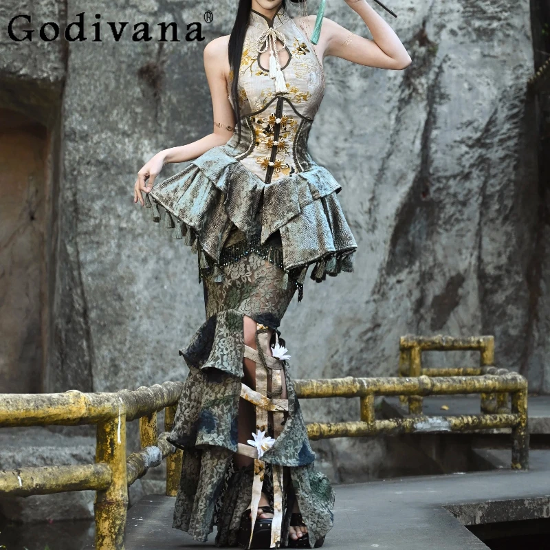 

Chinese Tie-dye Slim Lace Fishtail Birdcage Skirt Spring Autumn Street Girls Age-reducing Fashion Fringed Long Irregular Skirts