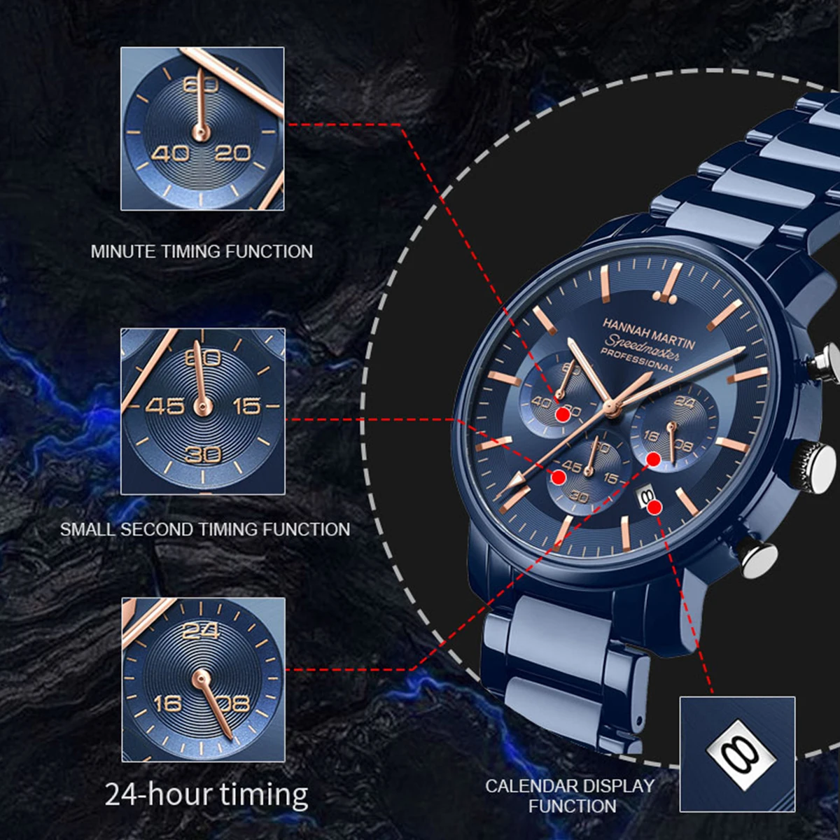 2024 New Multi functional Watch Hannah Martin Brand 46mm Blue Silver Stainless Steel Leisure Quartz Timing Watch Freee Shipping