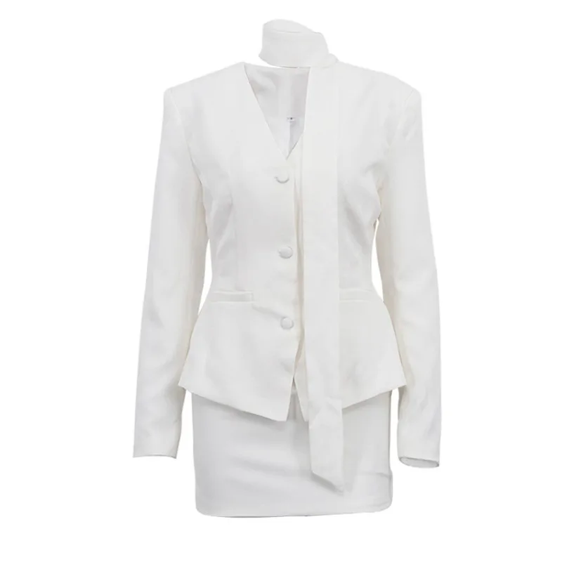 Elegantes Damen Weißes 2-Teiliges Anzug-Set V-Ausschnitt Langarm Peplum-Blazer Hochgeschnittener Rock Büro Pendler Formelles Passendes Outfit – Detail 4