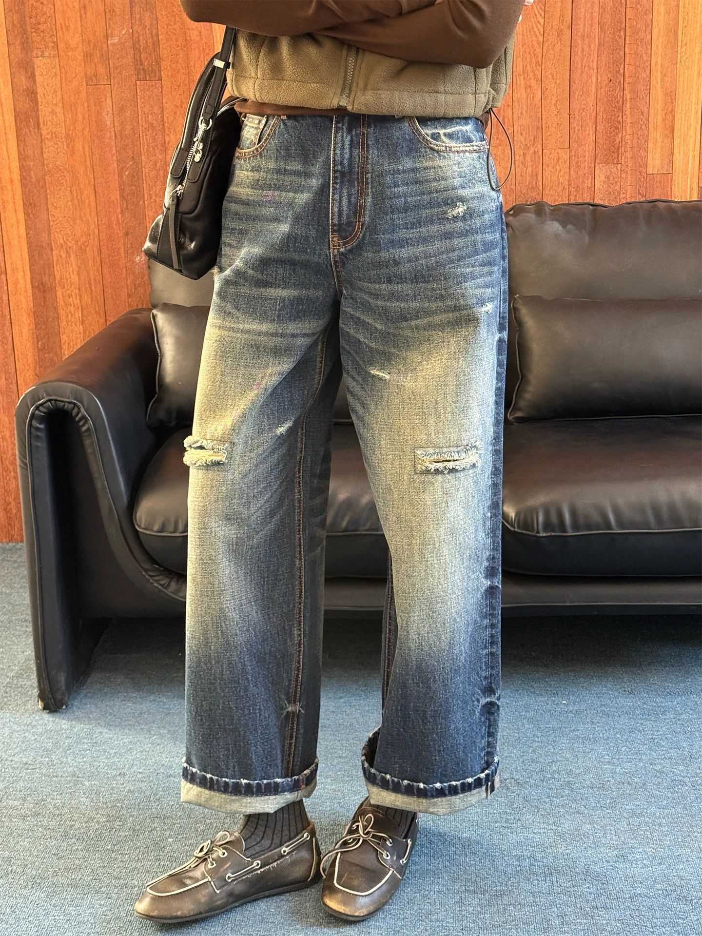 

Синие прямые джинсы Blue Waed для женщин, новые весенние свободные брюки с широкими штанинами, с рваными элементами, удобные, хлопковые, для повседневной носки