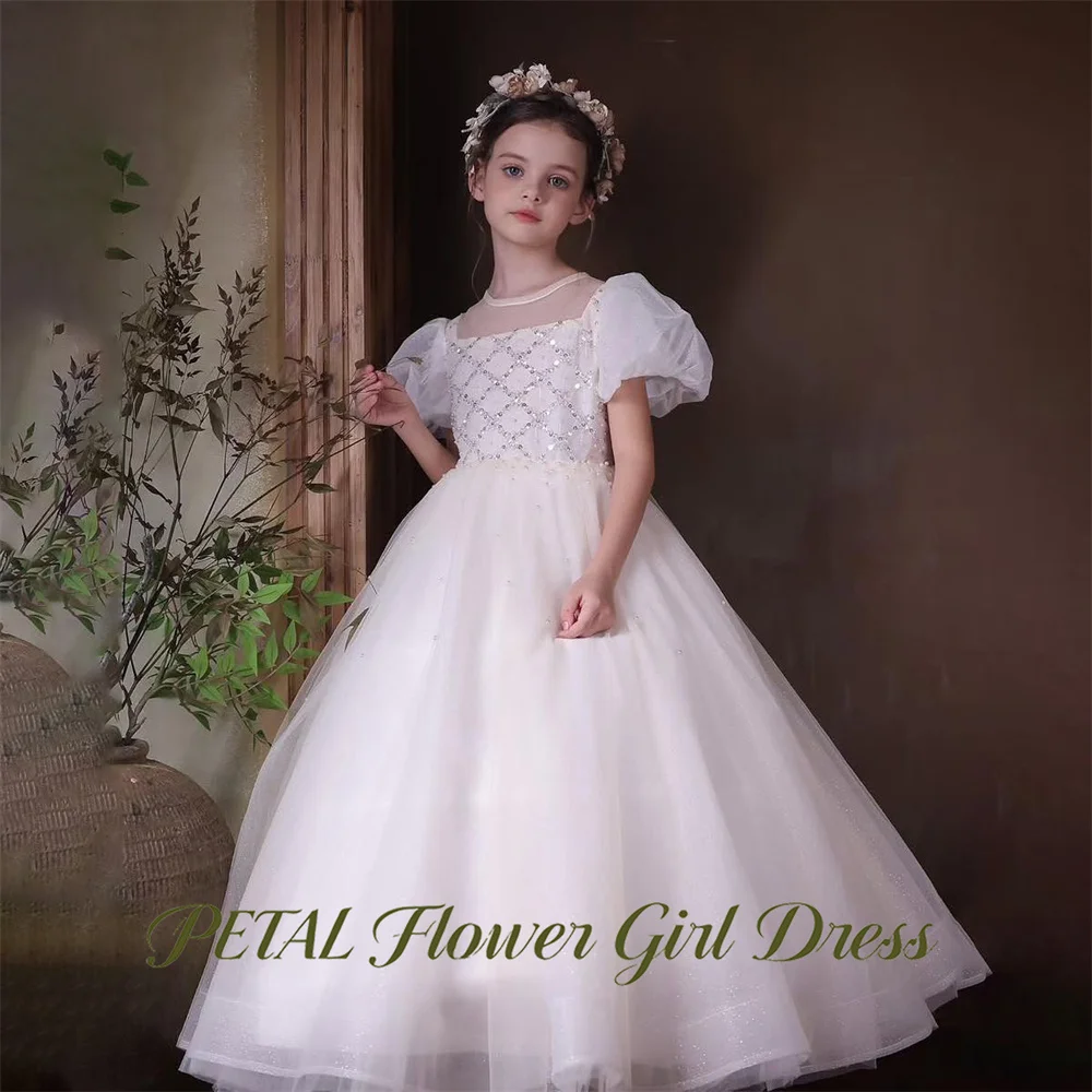 Petal Ivory First Communion Gown Round Neck Girls Princess Dress Short Sleeve Vintage Evening Party Dress for Girls Customized