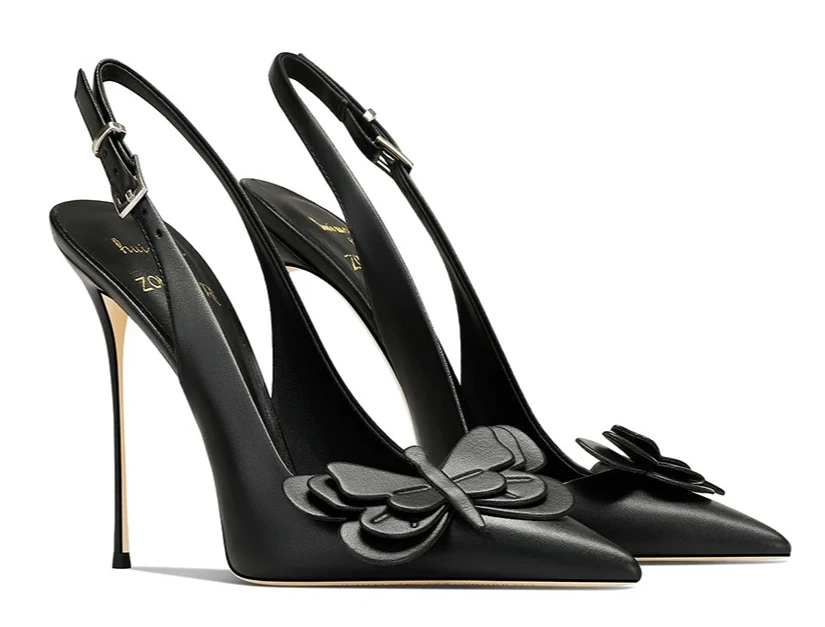 

Black 2025 New Leather Pointed Thin Heel Sweet High Heels Women
