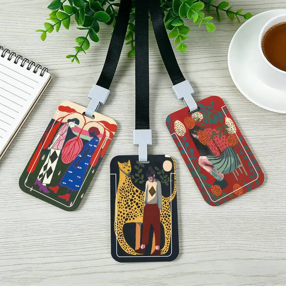 A-Abstract Girl Portrait Cat Fish Flower Rainbow Leopard Card Holder Cardcase Bus Subway Work Permit Student Lanyard Neck Straps