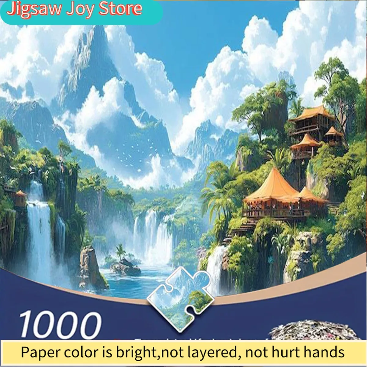 

1000pcs Adult Jigsaw Puzzle - Blue Sky White Clouds Green Mountains Waterfalls & Orange Buildings Landscape, Large Rectangular