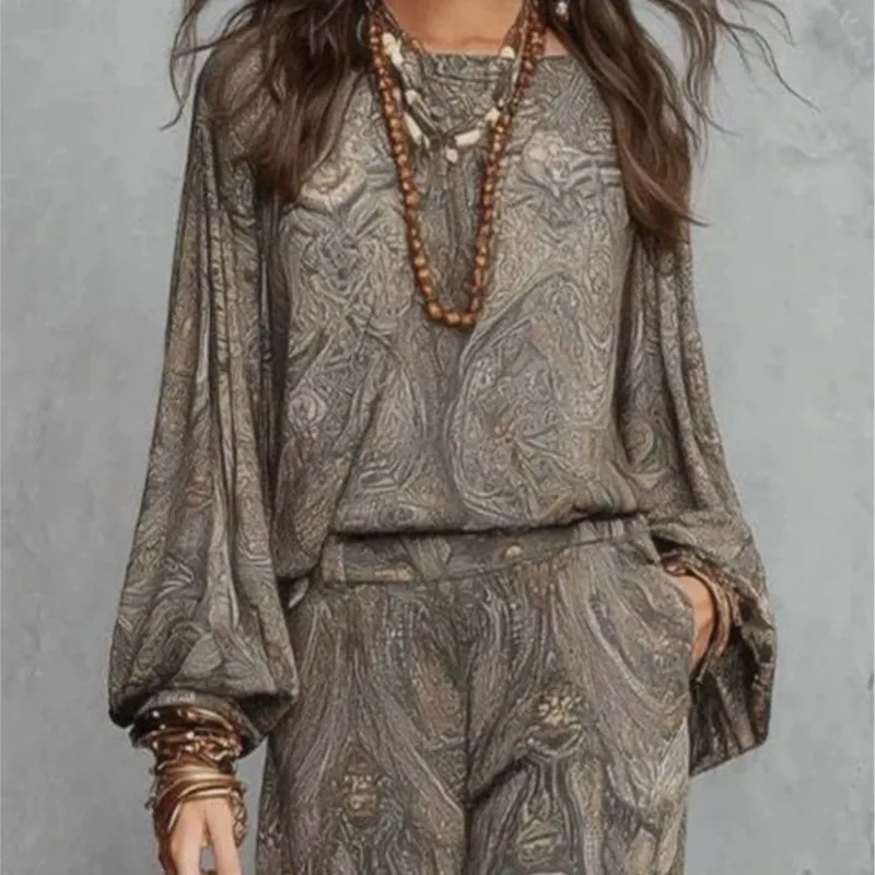 Boho Paisley Print Two-Piece Set for Women Sexy V-Neck Long Sleeve Blouse Top Wide Leg Pants Summer Casual Loose Suit Female Set view 2