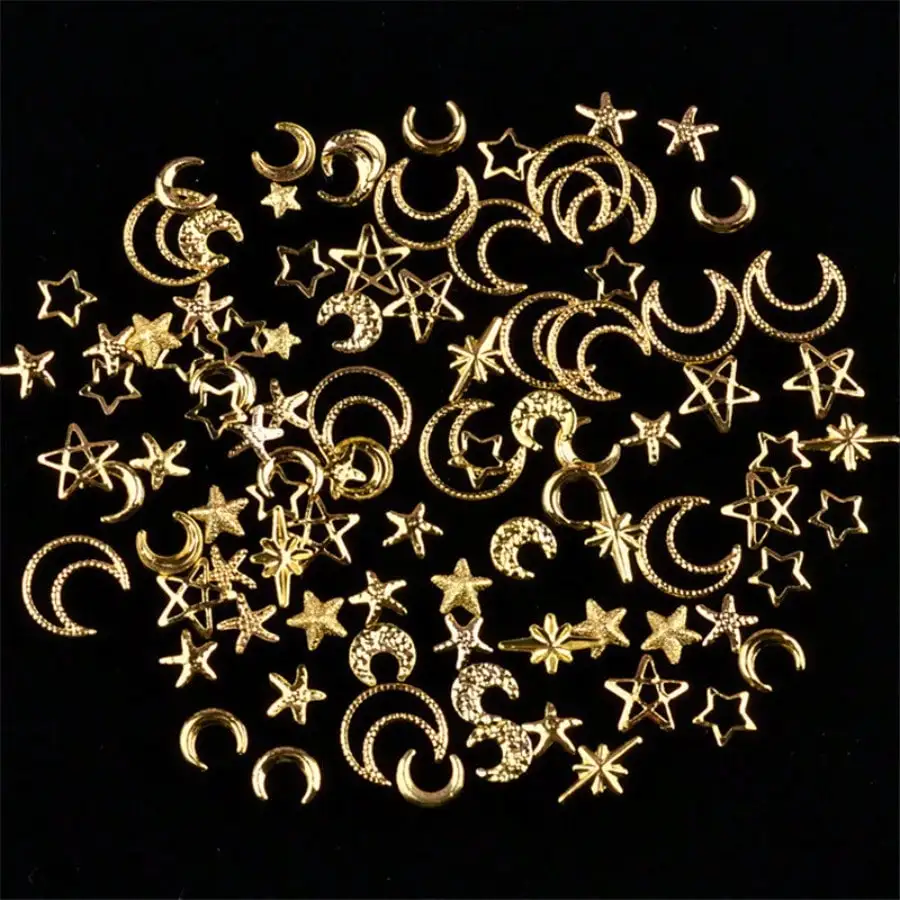 1 Box Gemischte Goldene 3D-Stern-Mond-Metallnieten Nagelkunst-Dekorationen Japanischer Stil Schmuck 3D DIY Handyhüllen-Zubehör Glitzer-Accessoires