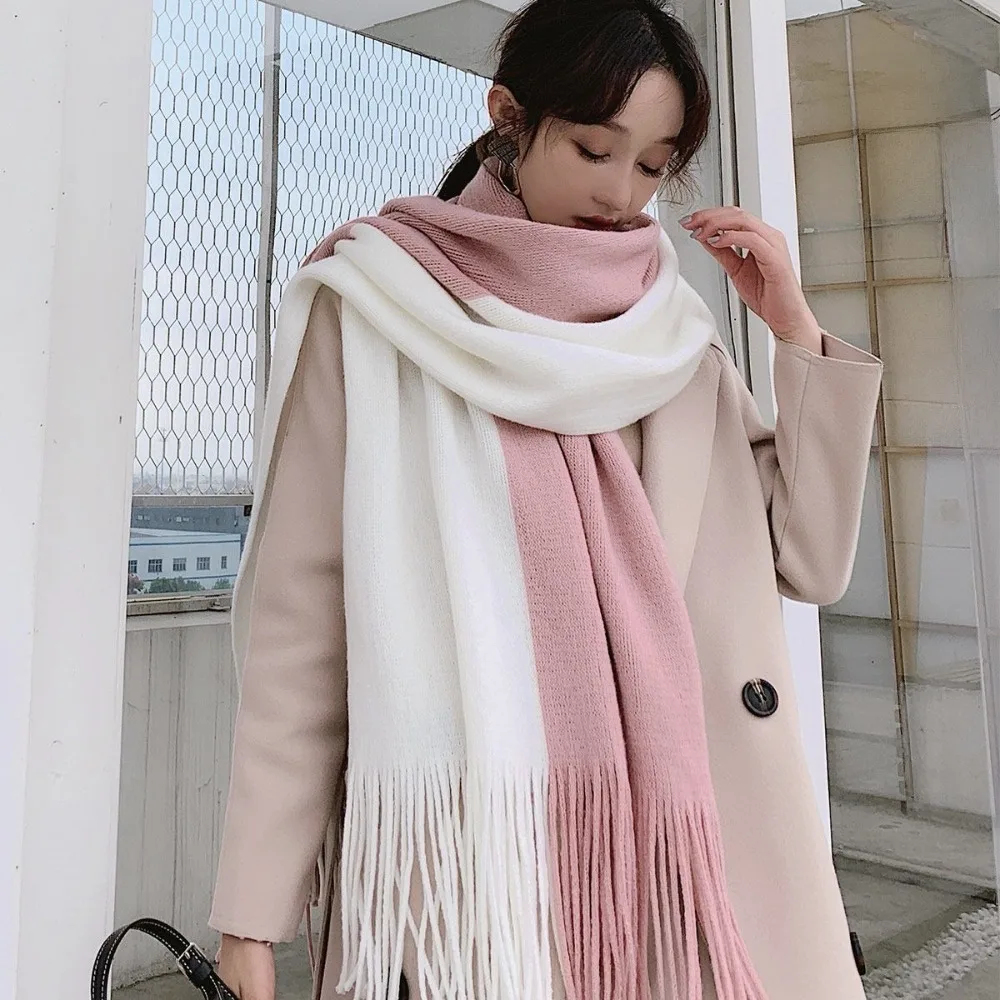 

Korean Style Women Cashmere Scarf Windproof Splicing Color Long Wool Tassel Scarf Thickened Soft Winter Neckerchief Autumn