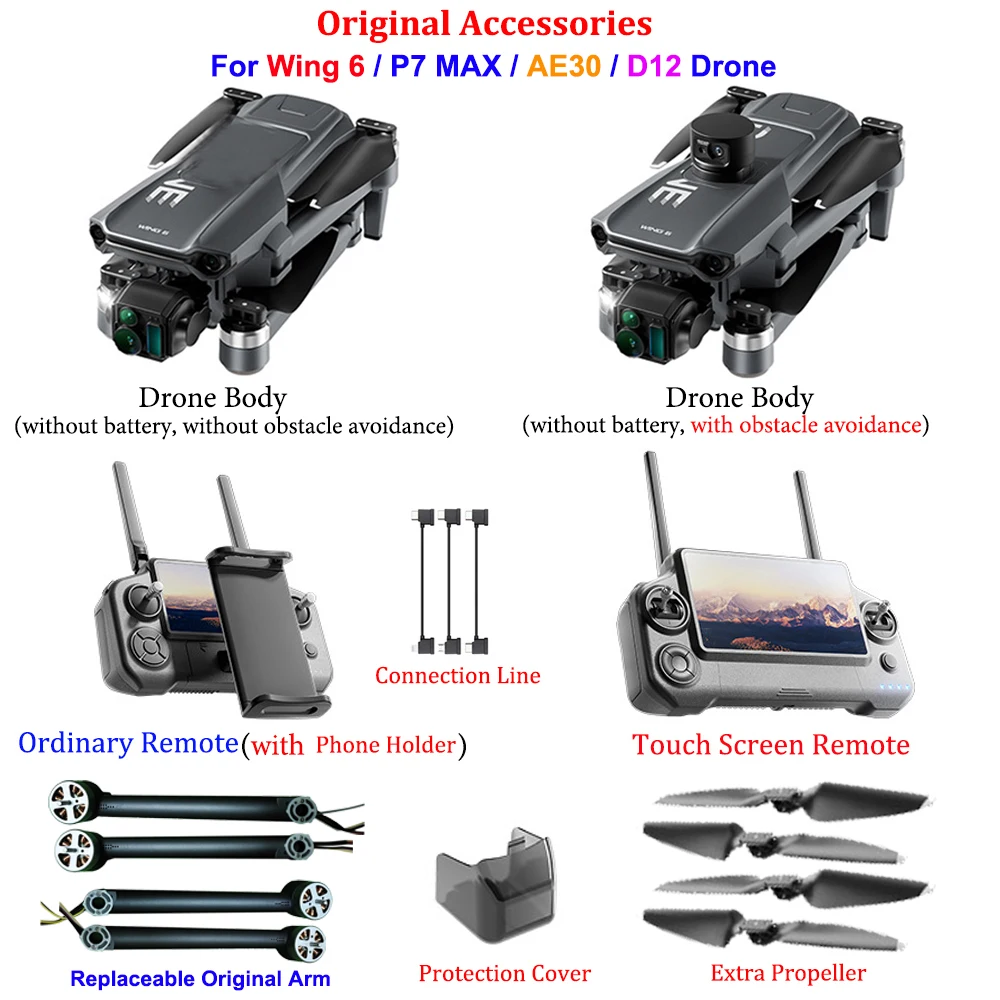 Wing 6 Drone Body Normal or Touch Screen Remote Control Obstacle Avoidance Propeller Replaceable Arm Spare Part Toys Accessories