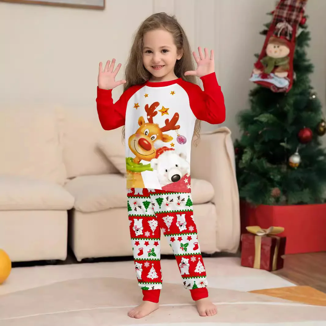 2024 Christmas family set European-style printed golden deer Polar bear family set Pajamas pajama pants 2 sets and baby jumpsuit