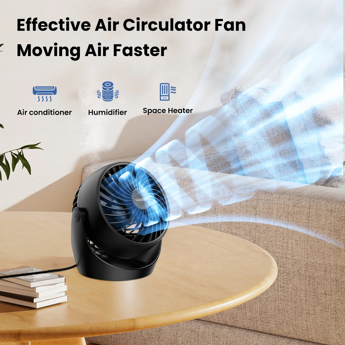 Gaiatop fan for bedroom strong airflow quiet desktop air circulator fan for whole room 360° adjustable tilt 3 speeds desktop