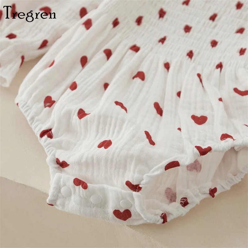 Tregren Infant Baby Girls Valentine\'s Day Romper Heart Print Long Sleeve Boat Neck Jumpsuits Spring Fall Bodysuits with Headband